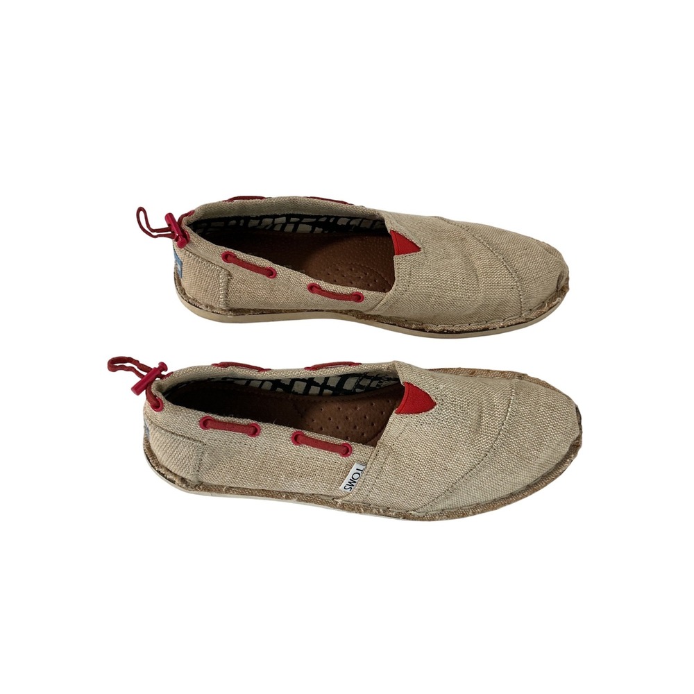 TOMS Bimini Beige Burlap Red Cord Boat Shoe Slip On Loafers Women's 7.5 - Picture 3 of 7